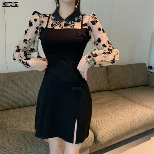 Sexy Black Cute Bodycon White Shirt Dress Women 2021 Elegant Patchwork Faux Two Piece Print Club Bling Party Dresses