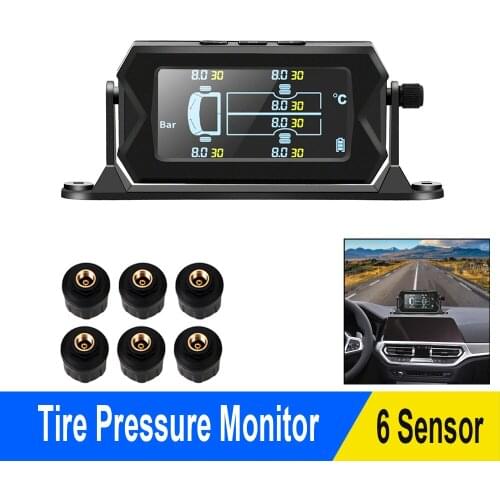 Truck Car Tire Pressure Monitoring System TPMS Solar Charge with 6 External Sensor LCD Display Tyre Temperature Alarm Monitor