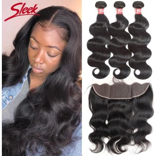Sleek Brazilian Bundles With Frontal Body Wave Lace Frontal With Bundles 8-28 Non-Remy Human Hair Weave 3 Bundles With Closure