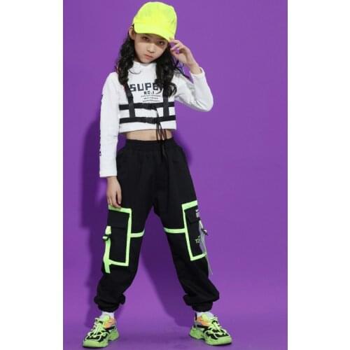 Girls Cool Hip Hop Clothing Long Sleeved Navel Top Running Casual Pants for Kids Jazz Dance Costumes Street Dance Wear XS1212
