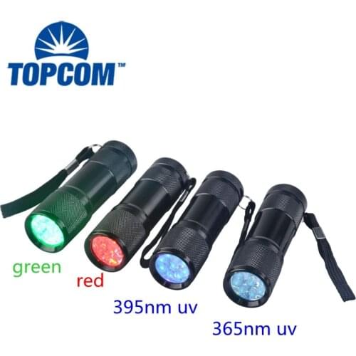 TopCom Portable Hunting Green Red Mini LED Flashlight Amber Detector 9 LED UV Flashlight 365nm 395nm For Camping, Night Reading