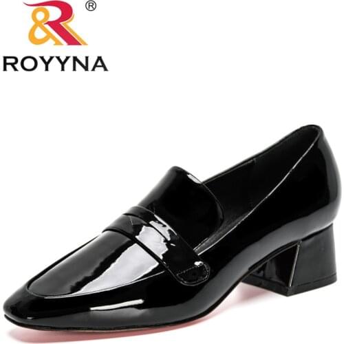 ROYYNA 2021 New Designers Genuine Leather Square Toe Shallow Med Square Heels Office Shoes Ladies Wedding Shoes Women Fashion