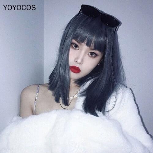 YOYOCOS Short Straight Hair Ash Blue Daily Wig 45CM Blunt Bangs Anime Cosplay Party Festival Wig Heat Resistant Sythentic Hair