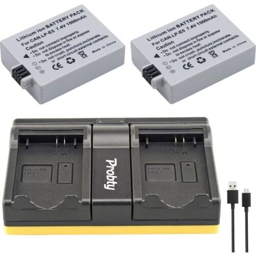 Probty 2PCS LP-E5 LP E5 Camera Battery + USB Dual Charger For Canon PM048 EOS 1000D 450D 500D KISS X2 X3 F Rebel XS XSi T1i