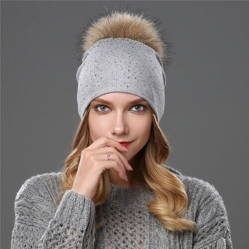 Women x27s Winter rabbit fur pompom hats wool knitted hat thick female cap windproof warm lined beanies hat knit bobble cap