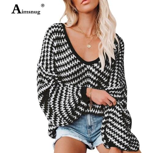 Women Fashion Top Knitted Sweaters Long Sleeve Autumn Casual Pullovers Loose Streetwear 2021 Female Model Stripes V-neck Sweater