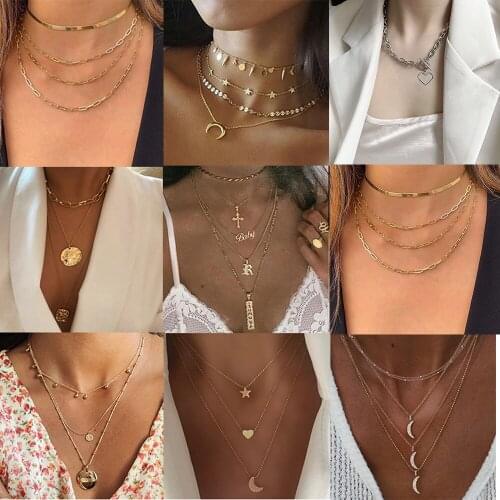 Vintage Multi Layered Choker Necklace For Women Bohemian ap Moon Geometric Chain Pendant Necklace Collar Jewelry New