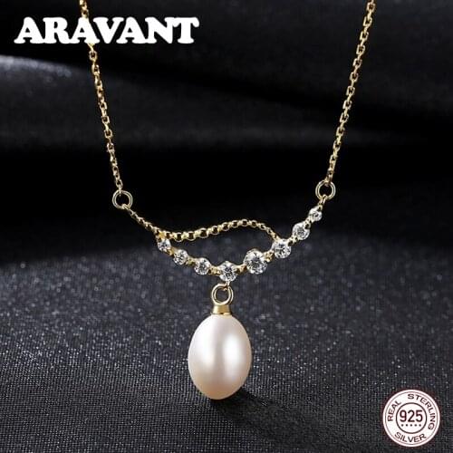925 Sterling Silver Gold Necklaces Cubic Zircon Freshwater Pearl Pendant 8MM Natural Pearls Jewelry For Women Gifts