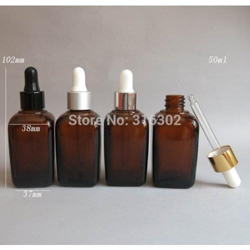 12sets/lot 50ml Square Amber Glass Dropper Bottle 50cc Amber Glass Dropper Container, Cosmetic Packaging