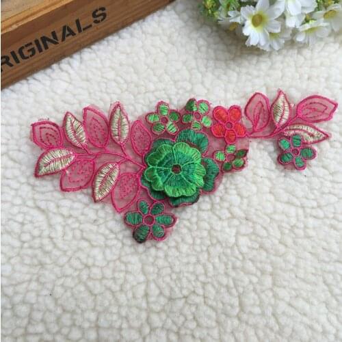 2 PCs 10*23cm Cute New Arrival Colorful Sewing Flower Lace Applique Pretty Pink with Black Wedding Bridal Embroidery Lace Patch