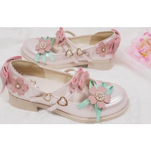Bow VintageLow help Sweet Lolita Shoes Anime Lolita Shoes Three-dimensional flower cute princess low heel shoes cos Lolita loli
