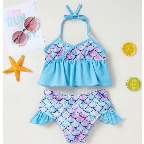 2~7 Years Kid Girls Bikini 2021 New Summer Fish scales Gradient Print Beach Two-Piece Swimwear Sets Sling Bathing Suit E2