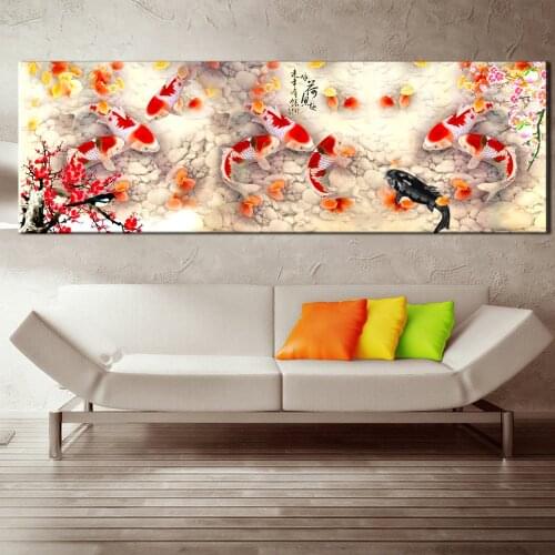 LARGE Wall Art Picture Diamond painting Chinese Abstract Nine Koi Fish Landscape Diamond embroidery on Canvas For home Decor