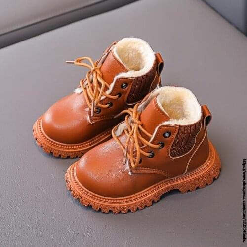 Childrens Martin boots girls black PU leather boots 2021 autumn new boys British style short boots baby Fur shoes