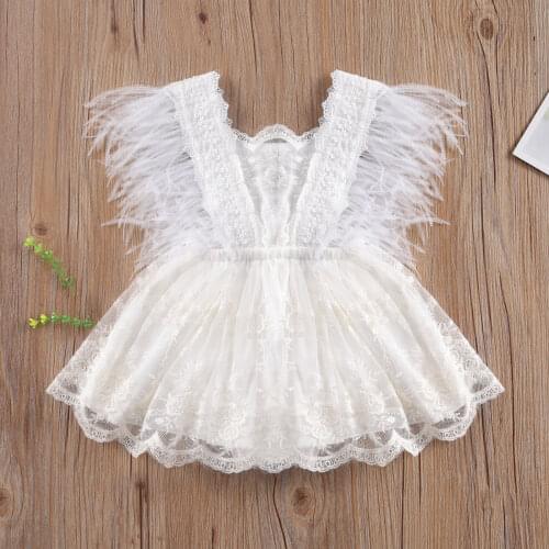Newbron Baby Girl Lace Romper Mesh Dress Feather Fly Sleeve Floral Embroidery Layered Midi Playsuits Infant Party Outfits