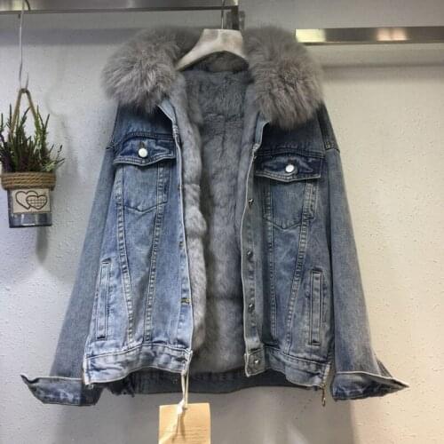Denim Jacket Faux Fox Fur Collar Thicken Rabbit Fur Lined Womens Jean Coat Loose Winter Streetwear Fashion New Mujer Chaqueta