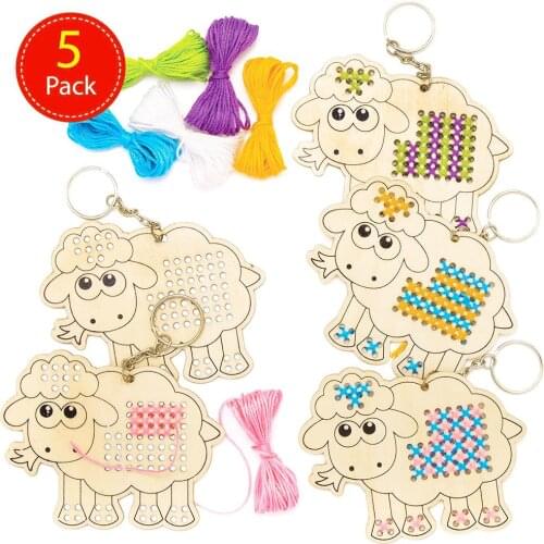 5Pcs Cute Cartoon Wooden Handmade Sheep Shape Cross Stitch DIY Key Ring Material Keychain Craft Gift Home Decoration