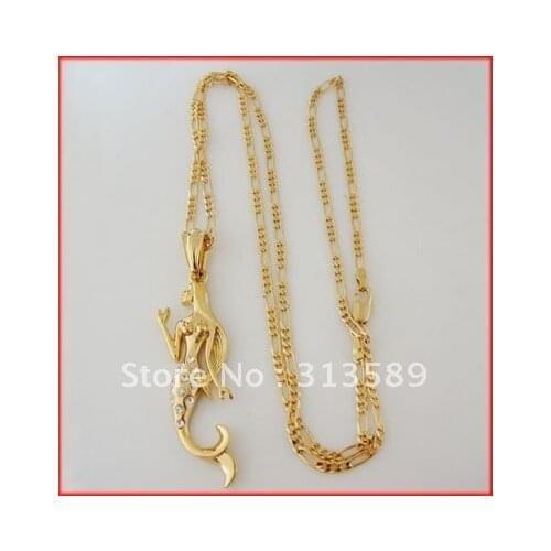 NEW YELLOW GOLD PLATED GP OVERLAY 24INCH FIGARO NECKLACE & MERMAID PENDANT/Great Gift/Great Money Maker