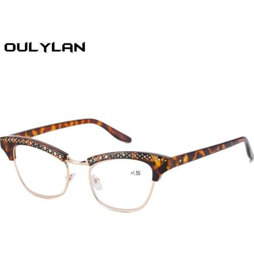 Oulylan Cat Eye Reading Glasses Women Diamond Fashion Resin Lenses Female Crystal Rhinestone Decoration Presbyopic Eyeglasses