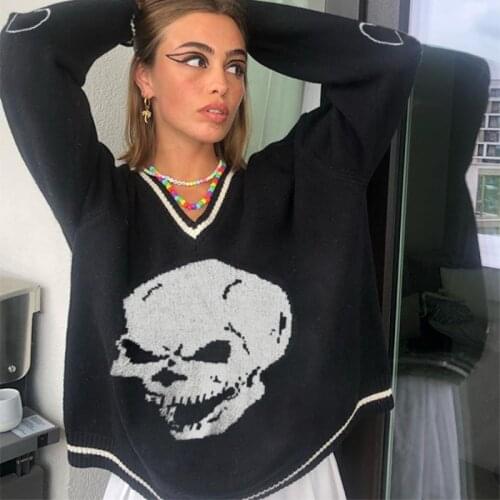 Autumn Winter Skulls Print V Neck Knitted Jumpers Casual Long Sleeve Harajuku Sweater Women Streetwear Pullover Tops Female 2021