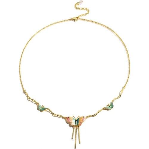 European and American design niche hand-painted enamel color glaze sweet tassel butterfly decoration clavicle chain necklace