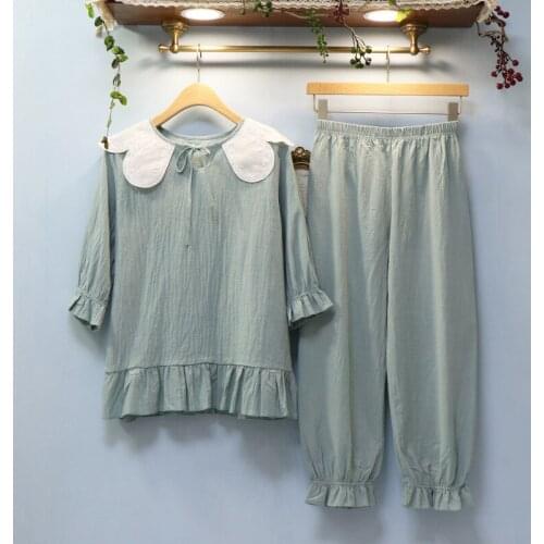 Pajamas women autumn and winter new sweet round neck literary fresh cotton leprosy home service womens palace style pajamas