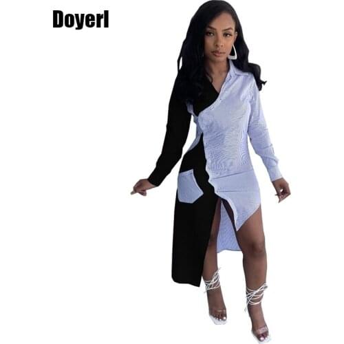 Patchwork Shirt Dress Women 2021 Autumn Lapel Button Up Midi Shirt Dress Long Sleeve Casual Party Club Asymmetrical Shirt Dress