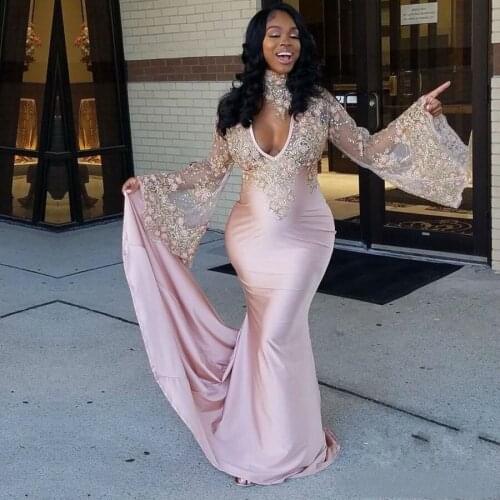Plus Size Mermaid Prom Dresses 2019 African Long Sleeves Satin Lace Appliqued Evening Gowns Sweep Train Custom Made