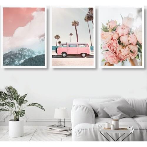 Scandinavian Style Poster Sea Beach VAN Car Decorative Picture Pink Flower Wall Art for Living Room Nordic Decoration Home Decor