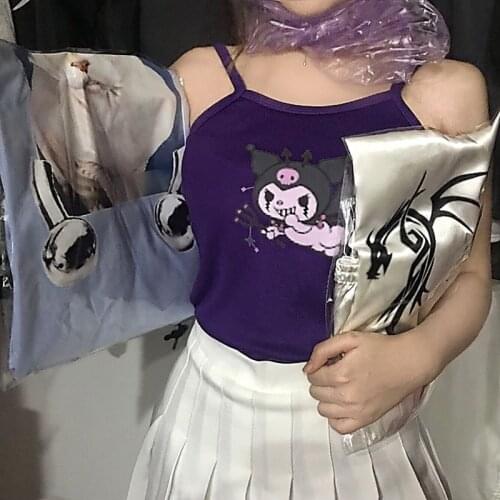 Harajuku Streetwear Purple Sling Sexy Top Summer New Japanese Evil Demon Print Cartoon Short Slim Wear Camis Halter Top Women