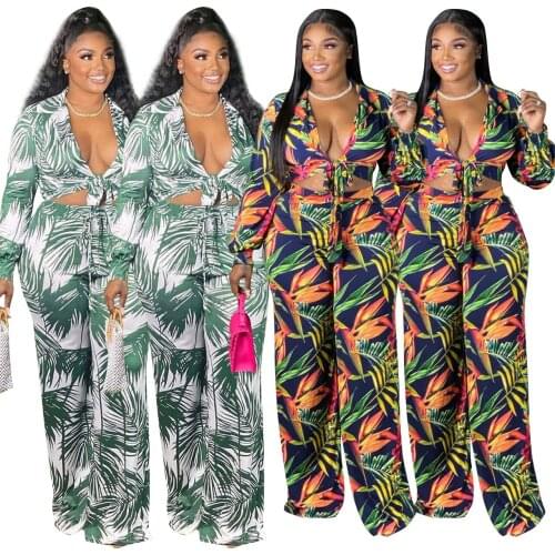 Leaf Printing Women Sexy V-Neck Bohemian Two Piece Sets Charming Lace-up Tops High Waist Wide-leg Pants Autumn 2021 Suits