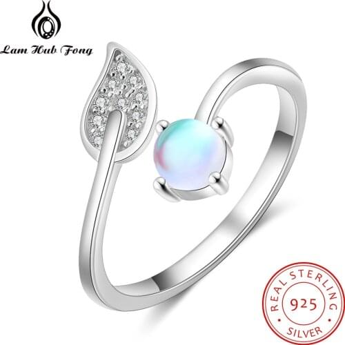 Rainbow Moonstone Ring 925 Sterling Silver CZ Leaf Ring Women Adjustable Open Ring Elegant Statement Jewelry Gift (Lam Hub Fong)