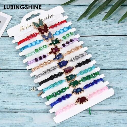 12pcs/lot Hand-woven Thick Wax Rope Charm Bracelet for Women Men Adjustable Crystal Butterfly Elephant Tortoise Pendant Anklet