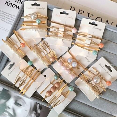 4PCS Korea Fashion Metal Hairpins Imitiation Pearl Colorful Beads Hair Clips For Women Irregular Genmetric Hair Accessories