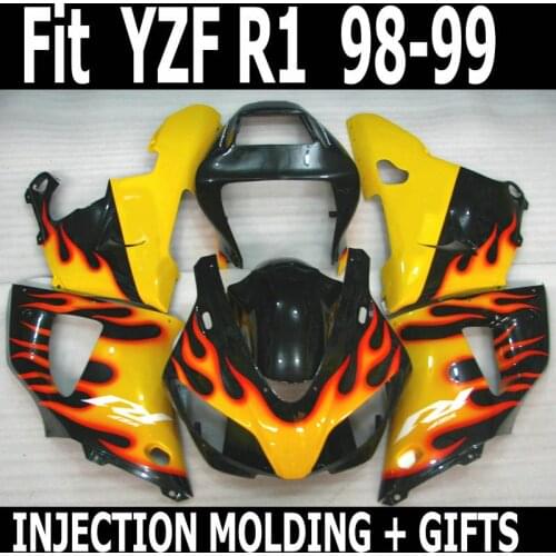 MOTOMARTS 100% fit injection motorcycle parts for YAMAHA black in yellow flame YZFR1 98 99 fairings kit YZF R1 1998 1999 body fa