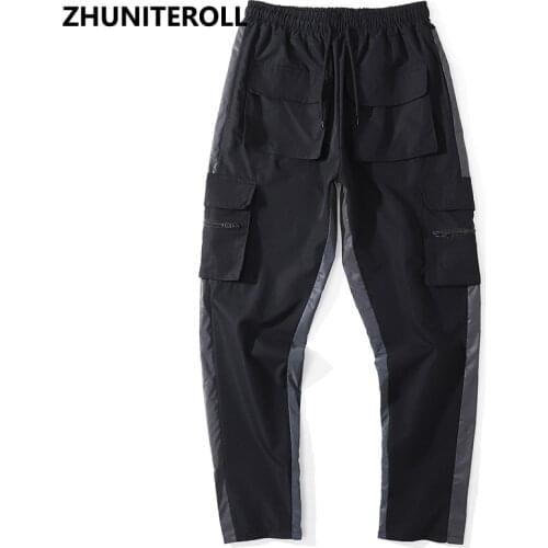 Fashion Men Hip Hop Teachwear Cargo Reflective Pants Multi Pockets Harajuku Pants Joggers Track Trousers Elastic Tactical Pants