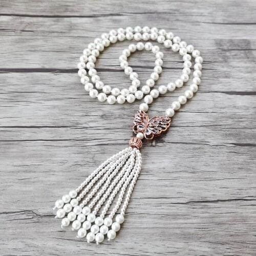 1Pcs Butterfly charm Pendant zircon CZ Micro pave, Shell Pearl Beads tassels Chain Women Fashion Jewelry Necklace NK525