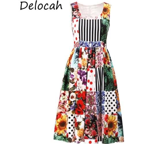 Delocah New 2021 Summer Women Fashion Designer Party Midi Dress Sleeveless High Waist Striped Floral Print Ladies Dress Vestidos