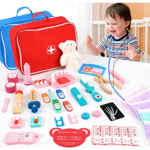 Kid Pretend Play Doctors Nurse Role Toy Set Wooden Medical Kit Simulation Injection Stethoscope Playing House Game Toys Gifts