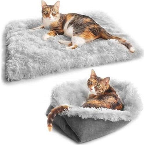 Dual Purpose Plush Cat Bed Mat Warm Soft Cat Cuddling Bed Pad Kitten Sleeping Bag Pet Cushion For Dogs Cats
