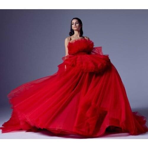Elegant Red Tulle Dresses With Train Girls Quinceanera Dresses Ball Gown Strapless Puffy Tutu Dress 2020