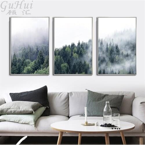Natural Mysterious Scenery Forest Morning Fog Trees Canvas Painting Decorative Scandinavian Living Room Minimalist Wall Poster