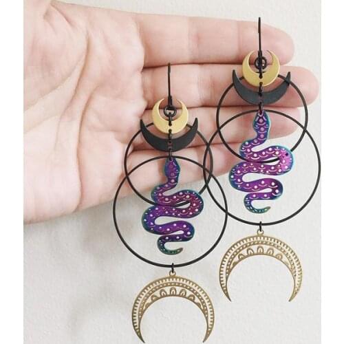 The Colorful Snake with Golden Moon/Black moon Statement Earrings