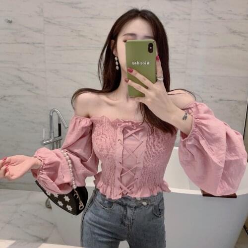 Hi Girl Spring Vintage Slash Neck Off Shoulder Sexy Blouse Shirt Lace Tie-up Stretch Long Sleeve Crop Top Slim Cute Girls Blusas