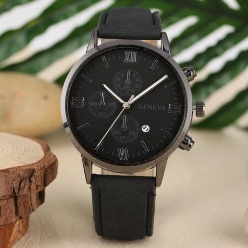 Classic Quartz Men Watch Business Style Calendar Roman Numerals Dial Watches Black/Brown Leather Band Gifts For Dad