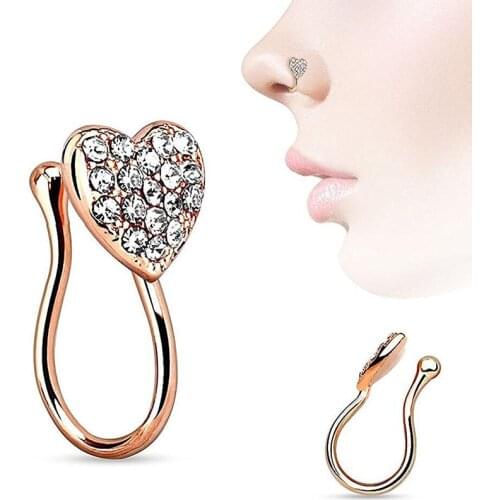 1pcs heart-shaped stainless steel nose clip body pierced jewelry elegant rhinestone nose ring for women fashion decoration
