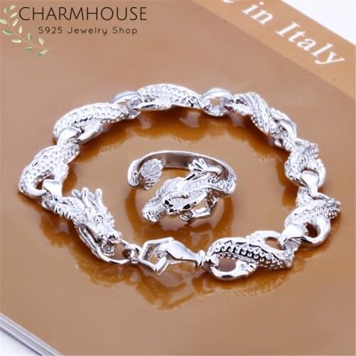 Charmhouse Silver 925 Jewelry Sets For Men Women Dragon Finger Ring Bracelet 2pcs Set Fashion Jewelry Accessories Wholesale