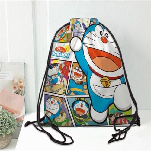 Hot custom Doraemon Printed backpack drawstring bag satin soft shoe bags to school custom Logo bags for women