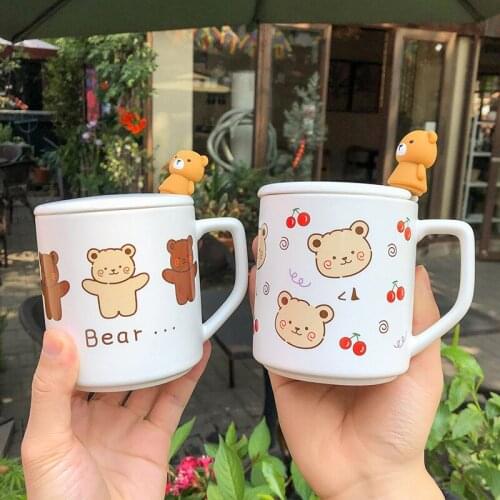 400ml Cute bear mug With Lid and Spoon Coffee cup Milk Tea Mugs Breakfast Cup Drinkware Couple Novelty Gifts Drop shipping
