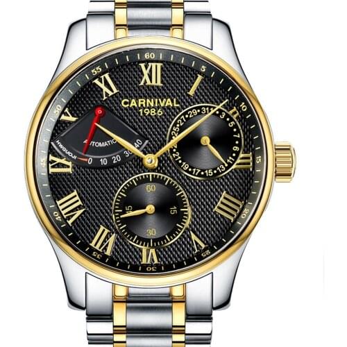 Carvinal Mens Business Multifunction Steel Watchband Automatic Self-Wind Mechanical Watch Wristwatch - gold bezel black dial
